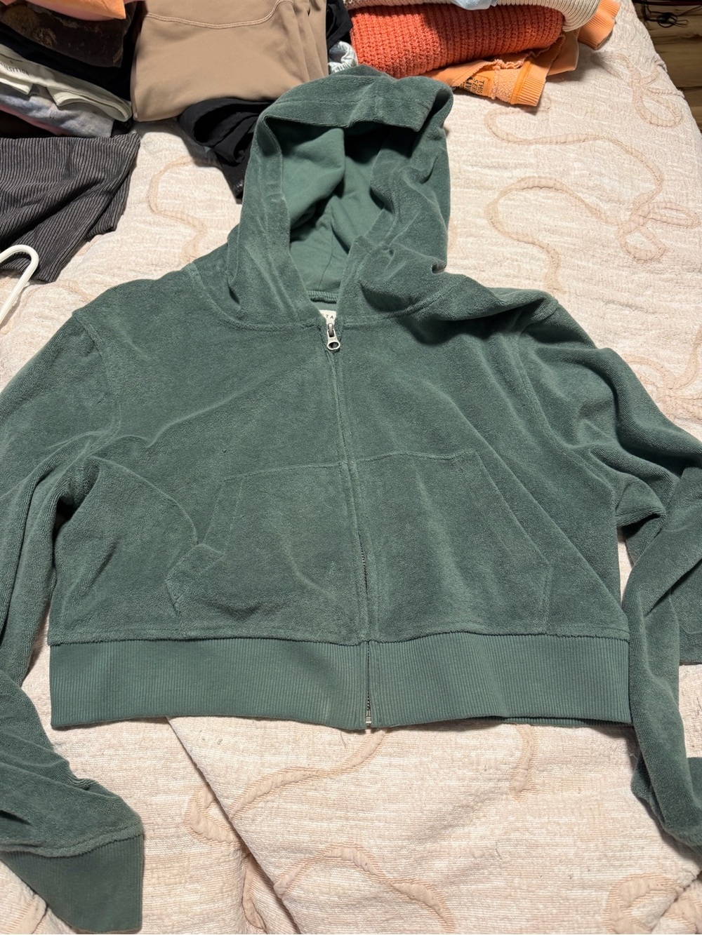 Aeropostale Forest Green Hooded Zip Terry Crop Sweatshirt